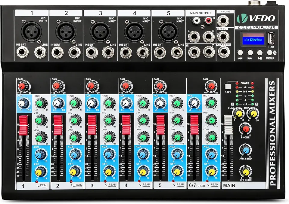 VDA107L Mesa de Mistura de Áudio Profissional 7 Canais, Bluetooth e USB, Phantom Power 48V, Equalizador 3 Bandas, Reverb, Ideal para Karaokê, Transmissões Ao Vivo e Eventos