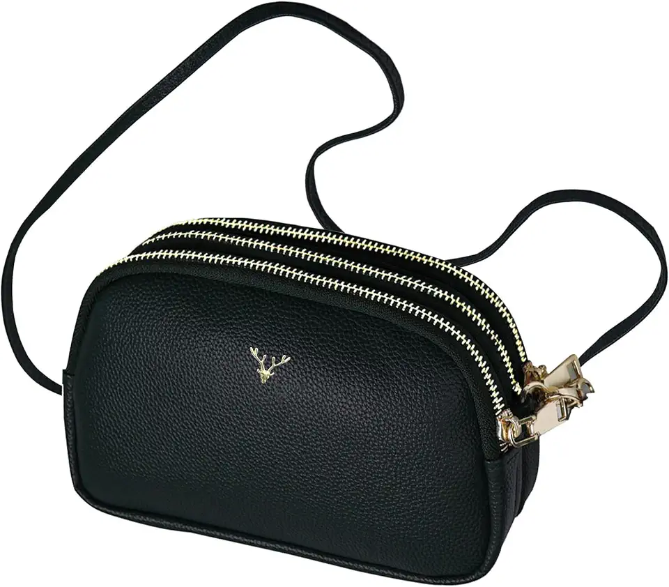 Bolsa Transversal Feminina em Couro Vegano, 3 Compartimentos com Zíper, Alça Ajustável