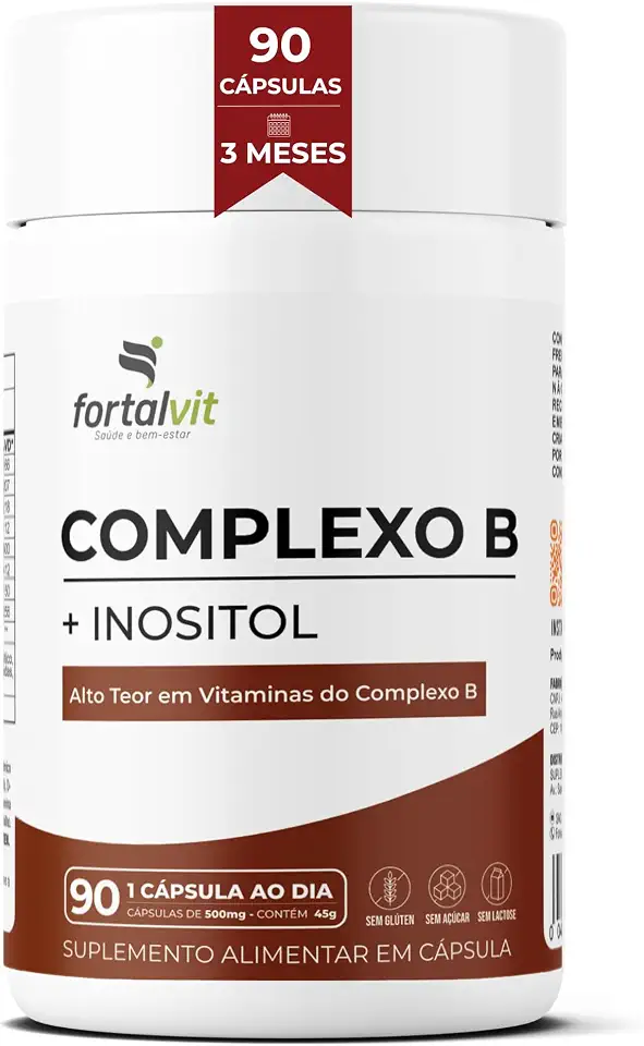 Complexo B + Inositol 90 cápsulas, 3 Meses de Uso, Longa Duração, Alto Teor Vitaminas B1, B2, B3, B5, B6, B7, B9, B12 e Inositol, Fortalvit