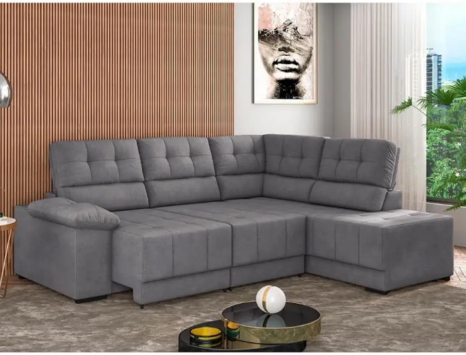 Besthouse Sofá de Canto 5 Lugares Firenze Retrátil e Reclinável em Suede Veludo, Cinza, 246x210x100 cm