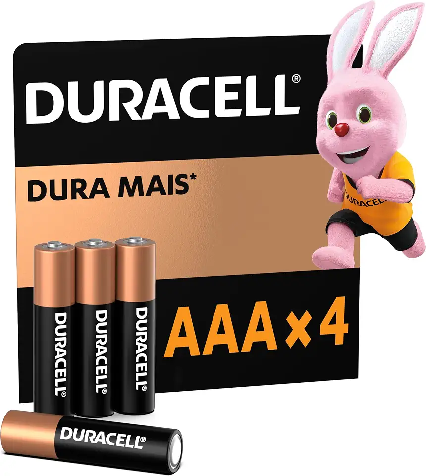 Duracell Pilhas Alcalinas AAA Palito Pack 4 Unidades – Dura Mais – Ideal para Controles Remotos Brinquedos e Lanternas
