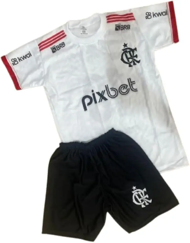 Conjunto Infantil do flamengo branco Camisa e Bermuda Uniforme de Futebol Esportivo