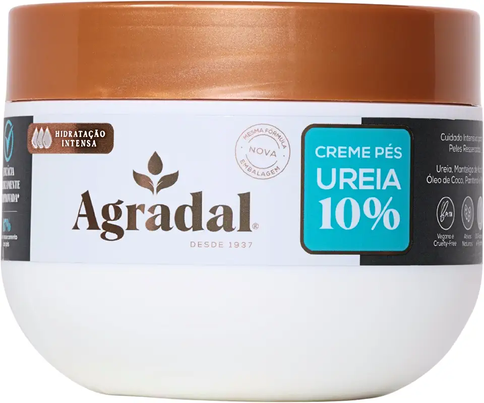 Agradal, Creme Pés Ureia 10% Hidratação Intensa, Cuidado Intensivo para Peles Ressecadas, com Ureia, Manteiga de Karité, Óleo de Coco, Pantenol e Mentol, Deo-Hidratante, 250g, Branco e Dourado