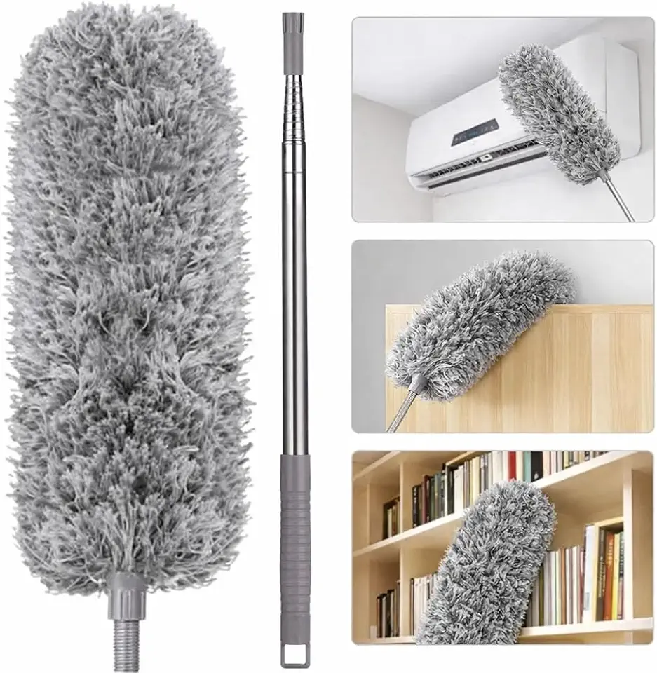 Espanador de Pó Extensível 2,80m Microfibra Flexível Ajustável Limpeza Ventilador de Teto Persiana Móveis Altos Casa Escritório Lavável Reutilizável Mop Telescópico Anti Poeira Dobrável Profissional