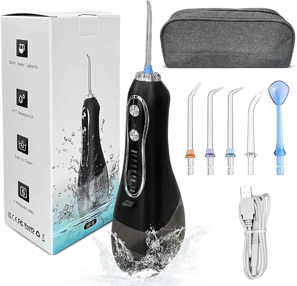 Irrigador Oral, Irrigador BucalPremium com 5 Modos, Jato de Água Supersônico, Sem Fio, 300ml, IPX7 à Prova D'água, 2500mAh, Limpeza Profunda Dental com 5 Bicos, 800-1350 Impulsos/Min