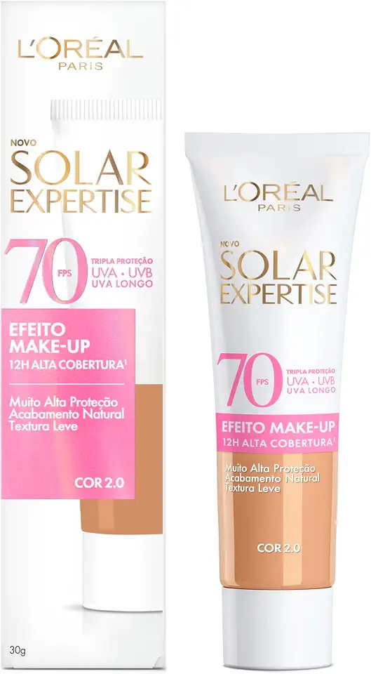L'Oréal Paris Solar Expertise Efeito Makeup FPS 70, Protetor Solar Facial com Cor e Alta Cobertura de Base por 12H, Previne Rugas e Manchas, Cor 2.0, 40g