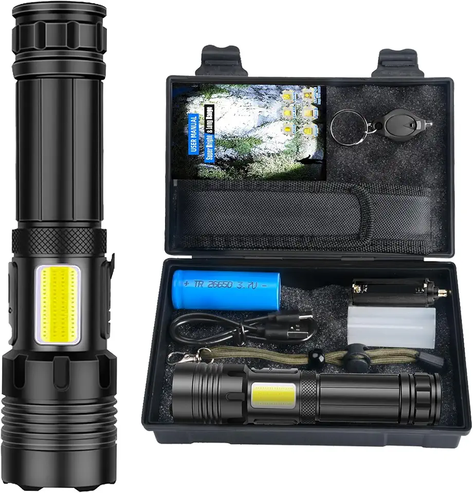 Lanterna Tatica Militar, Lanterna Led Recarregável 10000 Lúmen, com 7 Modos, XHP90.2 Chip e Zoom, Lanterna Potente de Longo Alcance, Acessorios para Acampamento, Pesca, Caminhada, Camping