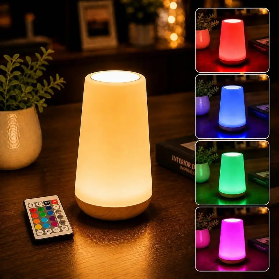 Luminária de Mesa Touch Sem Fio, Abajur para Quarto e Escritório, Recarregavél, LED RGB, 13 Cores, Ajuste de Brilho, com Controle Remoto