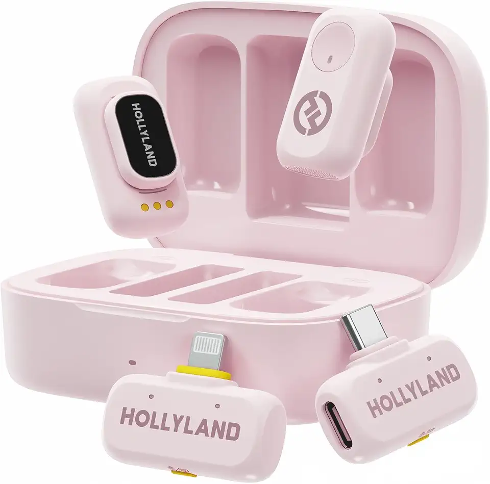 Hollyland LARK A1 Combo – Microfone Sem Fio Mini para iPhone e Android (2TX + USB-C RX + Lightning RX + Case de Carregamento), Microfone Magnético para YouTube, TikTok, Podcast e Vlogs (Rosa)