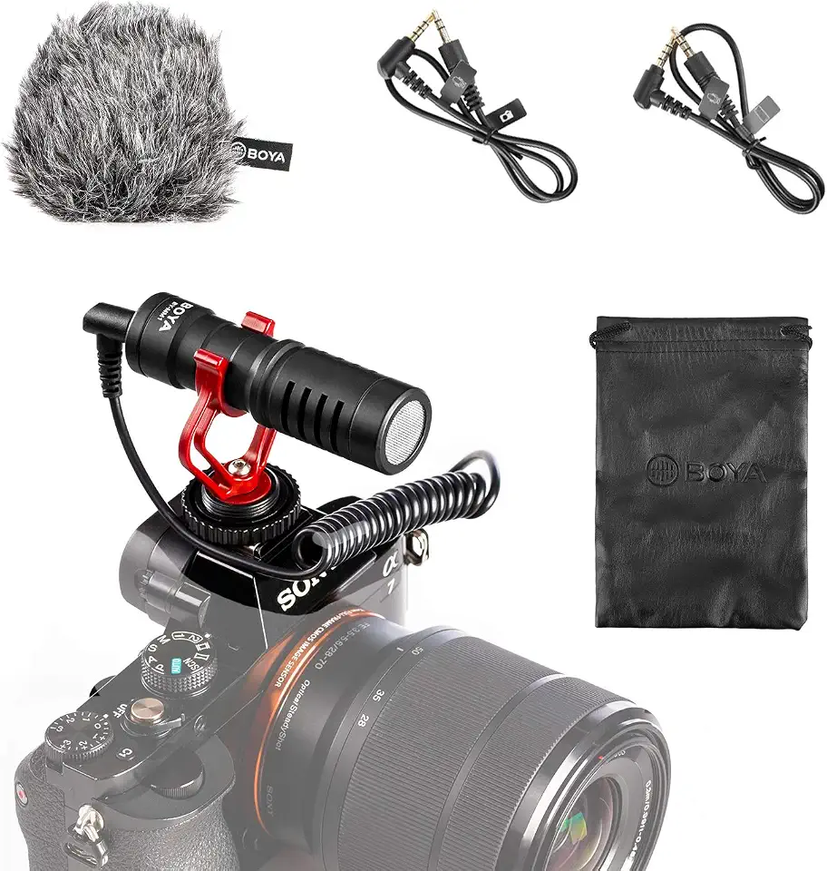 Microfone de vídeo Boya by -MM1 Shotgun com suporte de choque, para-brisa Deadcat, capa compatível com smartphones iPhone/Andoid, câmeras Canon EOS/Nikon DSLR para gravação de áudio ao vivo