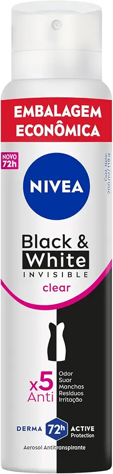 NIVEA Desodorante Antitranspirante Aerossol Black & White INVISIBLE Clear 200ml, Proteção 72h, Contra Suor e Odor, Anti-manchas