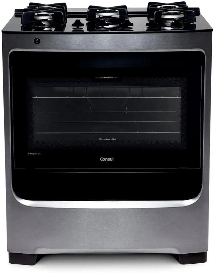 Fogão Consul 5 bocas cor Inox com mesa de vidro e grade de ferro fundido - CFS5VAR BIVOLT