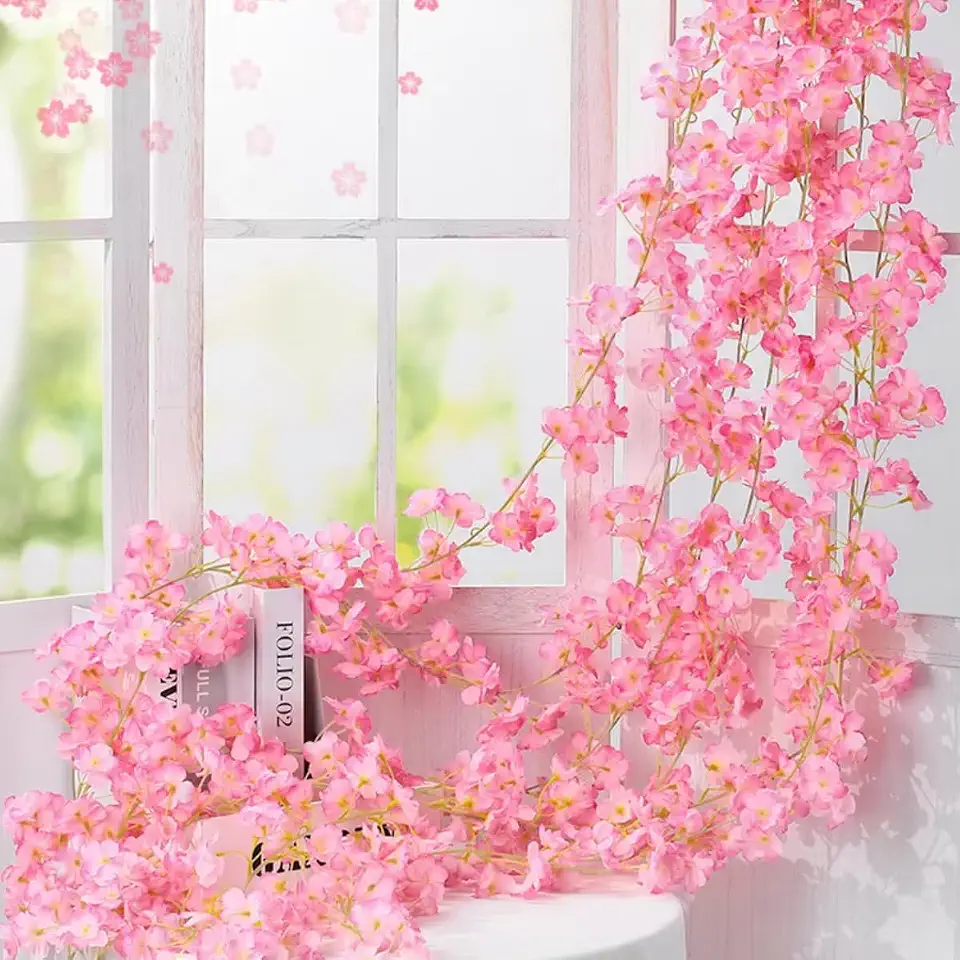 Corrente De Cerejeira Artificial 135 Folhas Trepadeira Folhagem 180cm Decoração Flor Pessegueiro (Rosa Escuro)