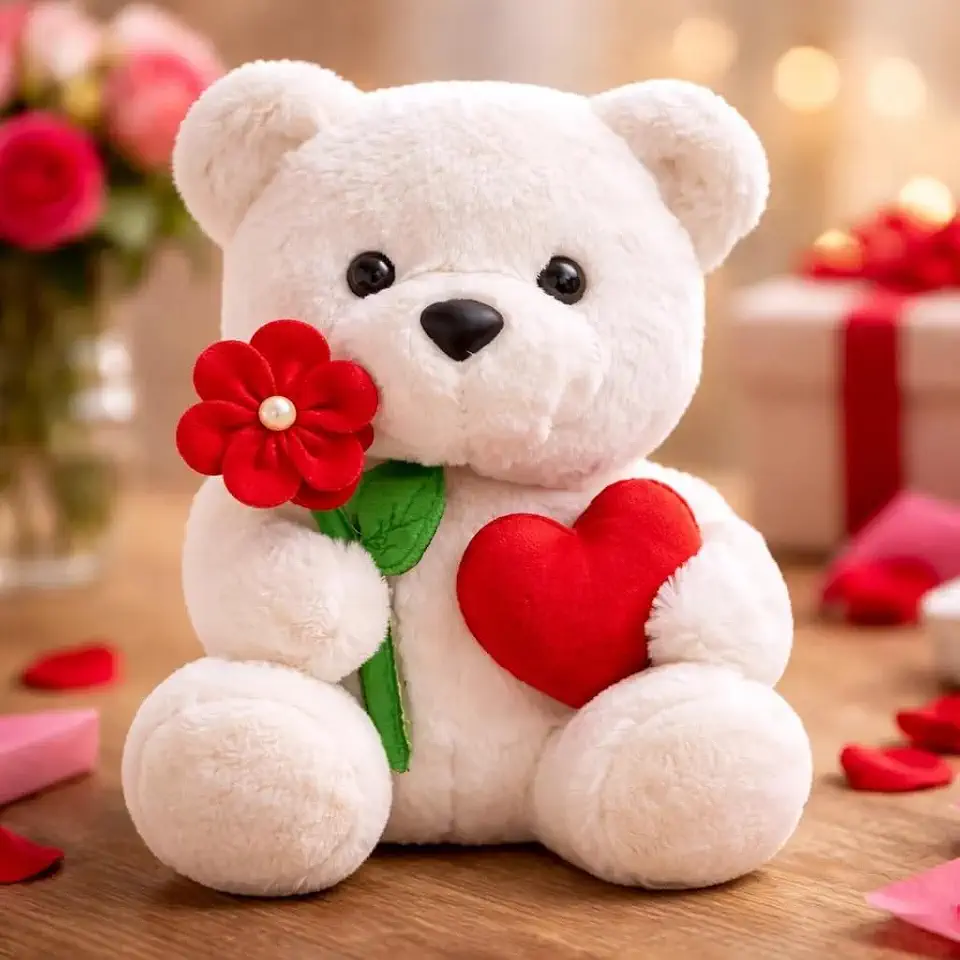 Wu Bichos de Pelúcia Urso Lovezinho, Pelúcia Macia, 22cm, Branco com Flor e Coração Vermelho, Presente Romântico