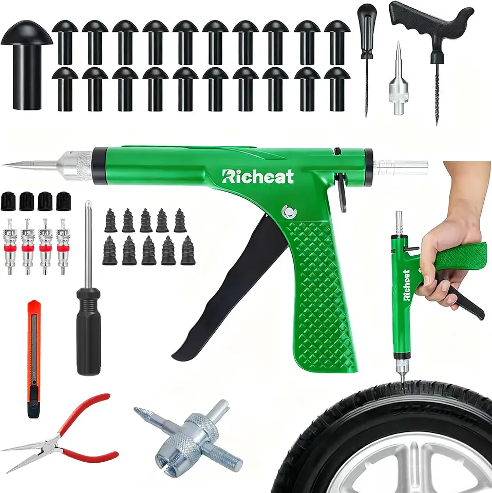 Richcat Kit de reparo de perfuração de pneu sem câmara com plugue de cogumelo, repara furos e pneus furados para motocicletas, carros, caminhões, quadriciclos, kit de reparo de perfuração de arma