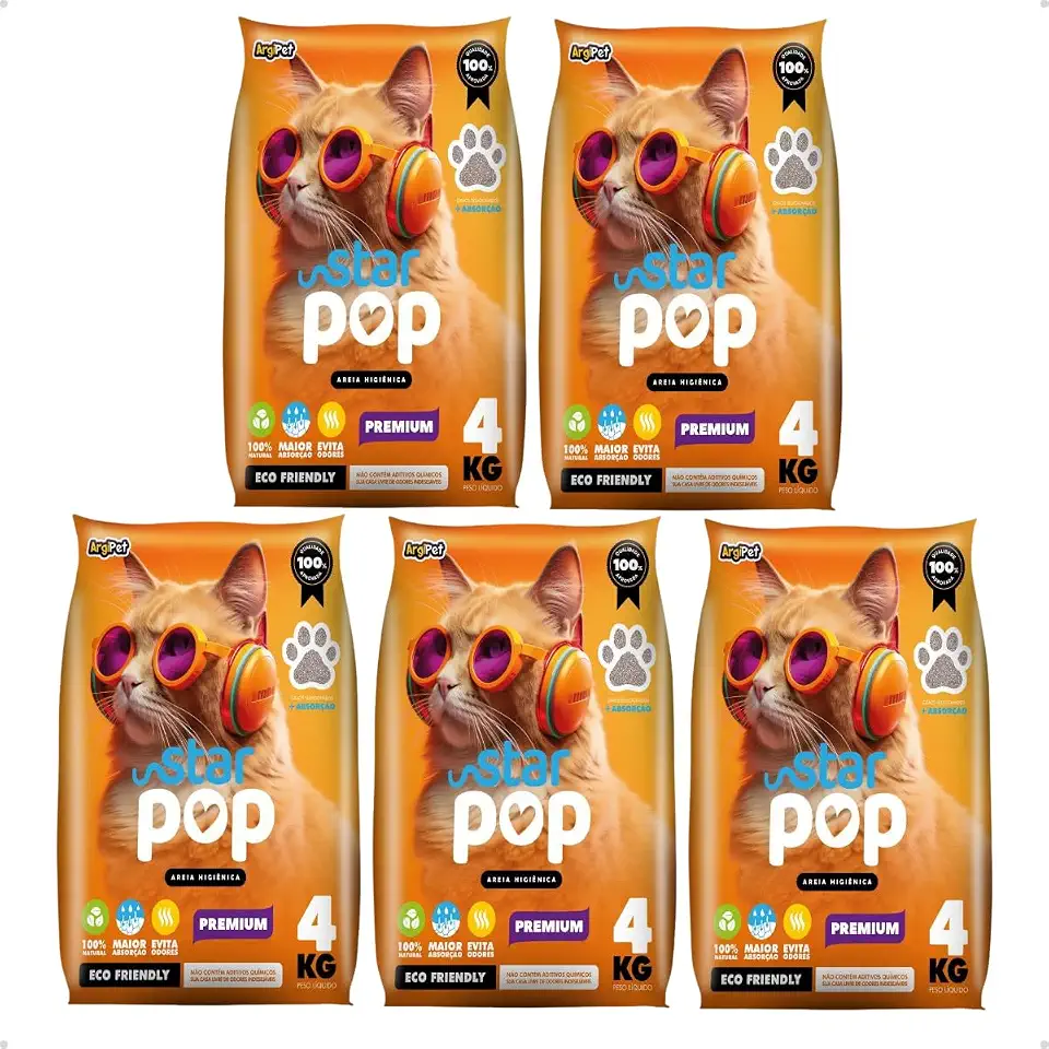 Kit 5 Areia Higiênica Sanitária Star Pop Premium Grãos Médios Para Gatos 4kg Natural Argila