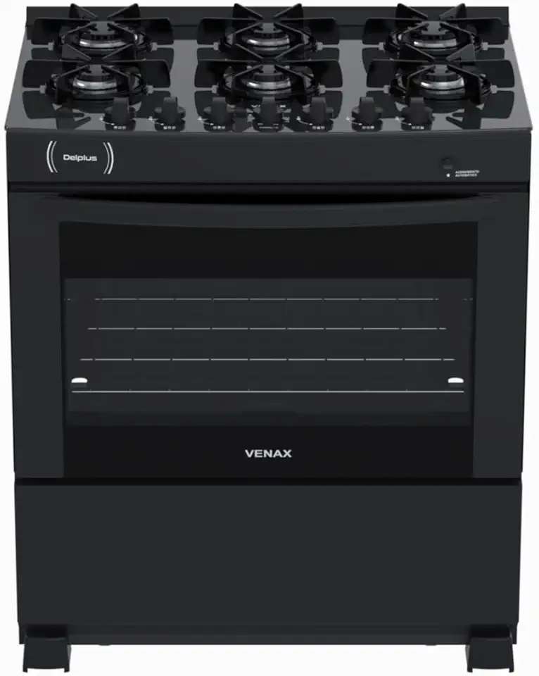 Fogao 6 Bocas Venax Delplus Vitreo Bl Preto Fosco Gas Glp