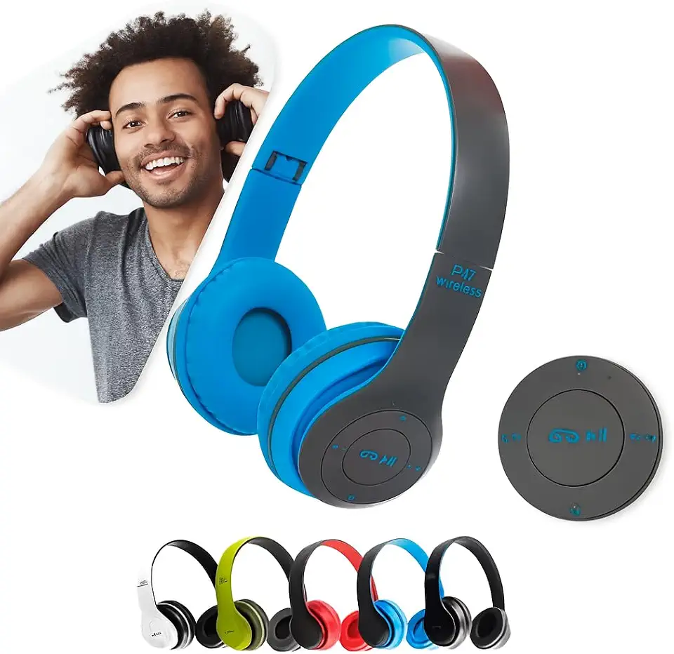 Fone de Ouvido Bluetooth Headphone P47 Sem Fio Wireless Micro Sd 5.0 Dobrável Com Microfone Regulável Para Corrida Academia Escritório Caminhada Reunião Linha Premium (Azul)