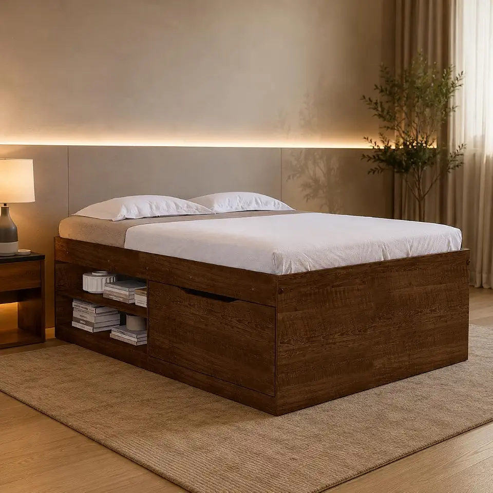 Cama Box Casal 1,38 com 2 Sapateiras Laterais e 4 Nichos MDF