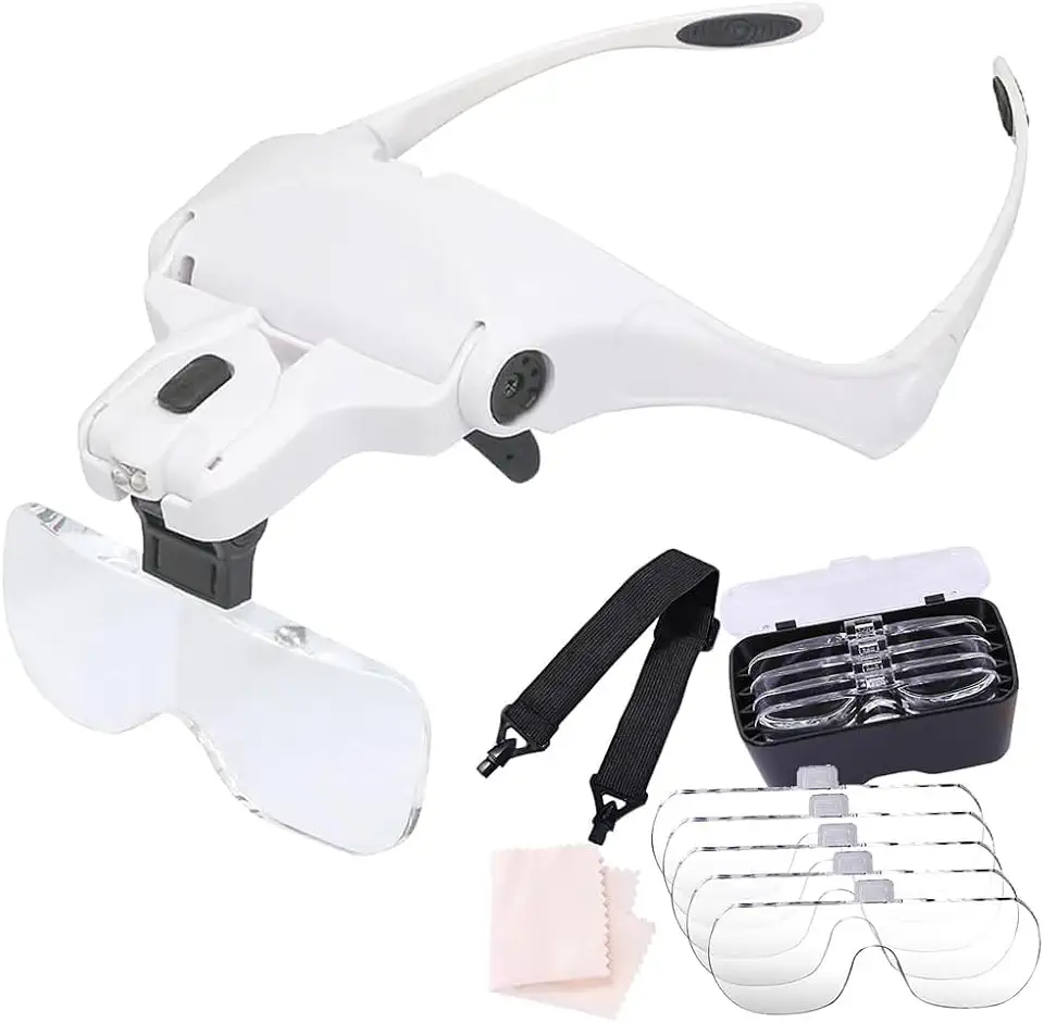 Lupa Estética com LED e Óculos, 5 Lentes Intercambiáveis, Zoom 3.5x, Design Ergonômico Mãos Livres, Iluminação LED Integrada, Articulada e Dobrável, para Estética Odontologia Relojoaria