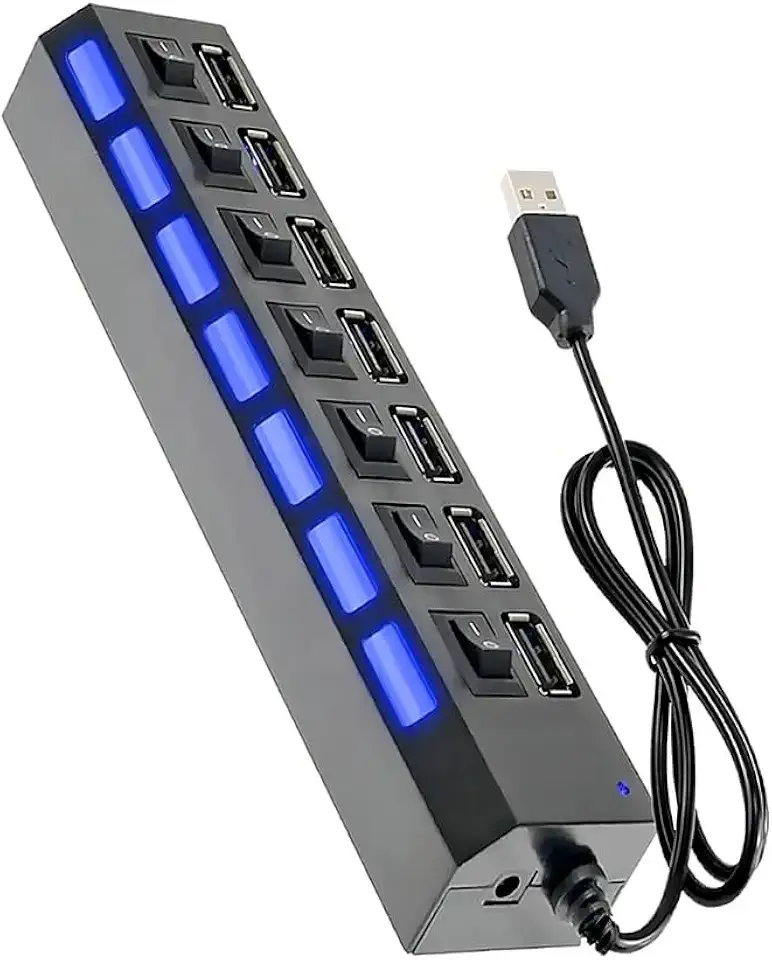 Hub USB 7 Portas com Interruptores Individuais, LED Indicador Azul, USB 2.0, Preto