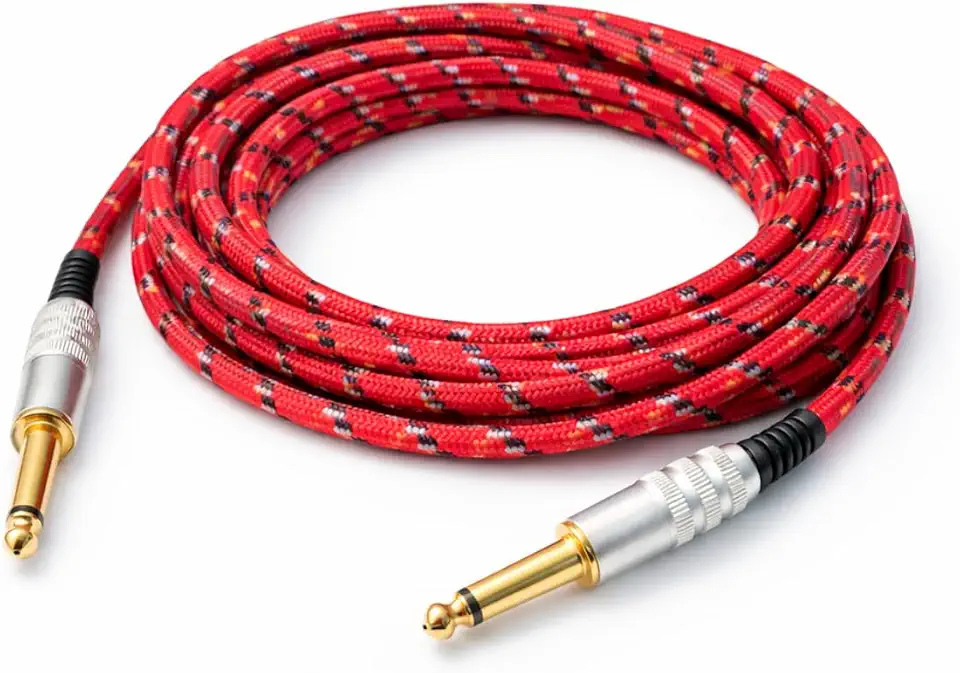 Cabo para Guitarra e Violão Têxtil Blindado, Vermelho, 5m, Conectores P10 com Acabamento Dourado Bertô