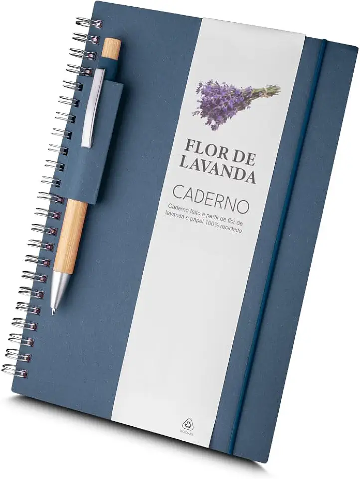 Caderno Espiral, Capa Azul em Papel 100% Reciclado com Elástico, 21x15cm, 70 Folhas Pautadas na Cor Bege, Com Suporte para Caneta (1, Lavanda)
