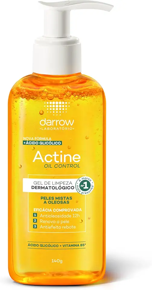 Darrow Actine Oil Control Gel de Limpeza Dermatológico Facial com Ácido Glicólico e Vitamina B5 para Controle da Oleosidade, Pele Matificada Sem Efeito Rebote e Poros Desobstruídos, 140g