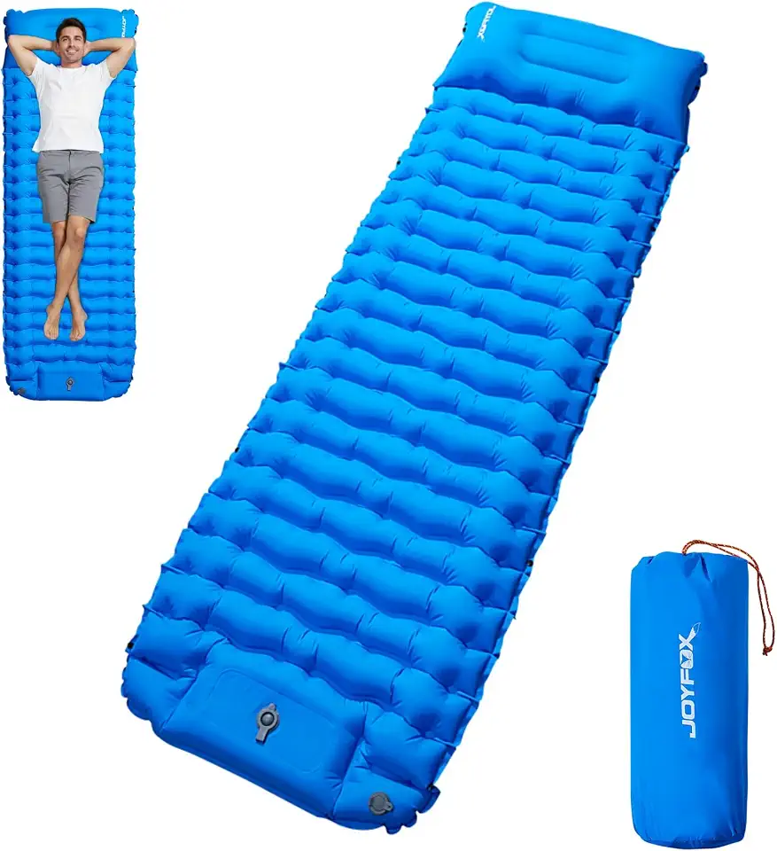 JOYFOX Colchonete Inflável para Camping com Travesseiro e Bomba de Pé, Isolante Térmico Solteiro 8cm, Nylon 40D Impermeável, Suporta 200kg (195x70x8cm)