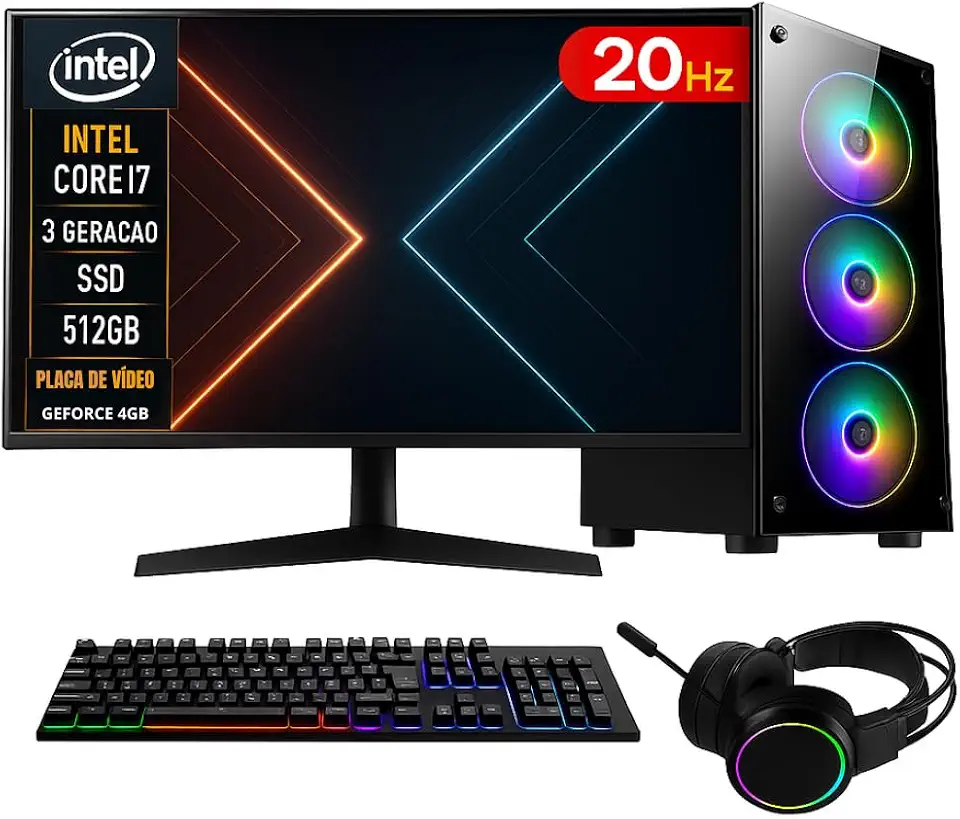 PC GAMER COMPLETO INTEL CORE I7 16GB RAM PLACA DE VIDEO GEFORCE 4GB SSD 512GB FONTE 500W - MONITOR 20'' 75HZ - KIT GAMER TECLADO/MOUSE/HEADSET/MOUSEPAD
