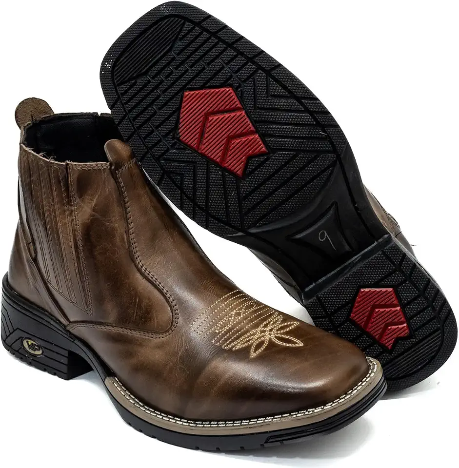 Bota Texana Latego Masculina de Couro, Estilo Country Western, Bico Quadrado, Solado Antiderrapante