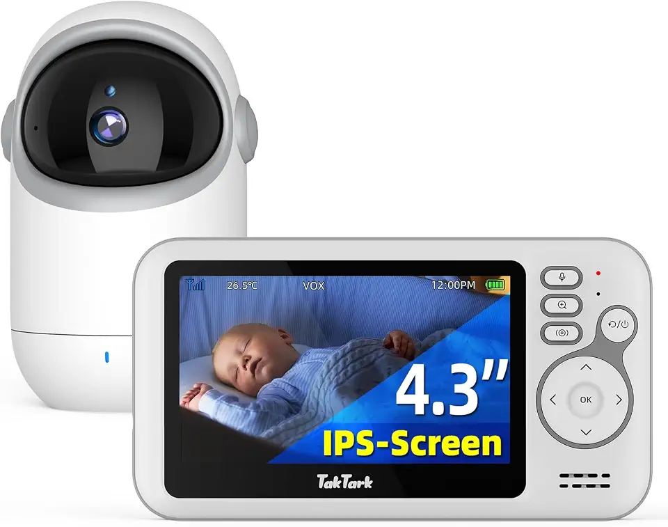 TakTark Babá Eletrônica Câmera, 4.3" Monitores de Câmara de Vídeo, Pan & Tilt, 2 Way Audio, Visão Nocturna, Zoom Digital, Decoração Sonora VOX, Ideal para Novos Pais