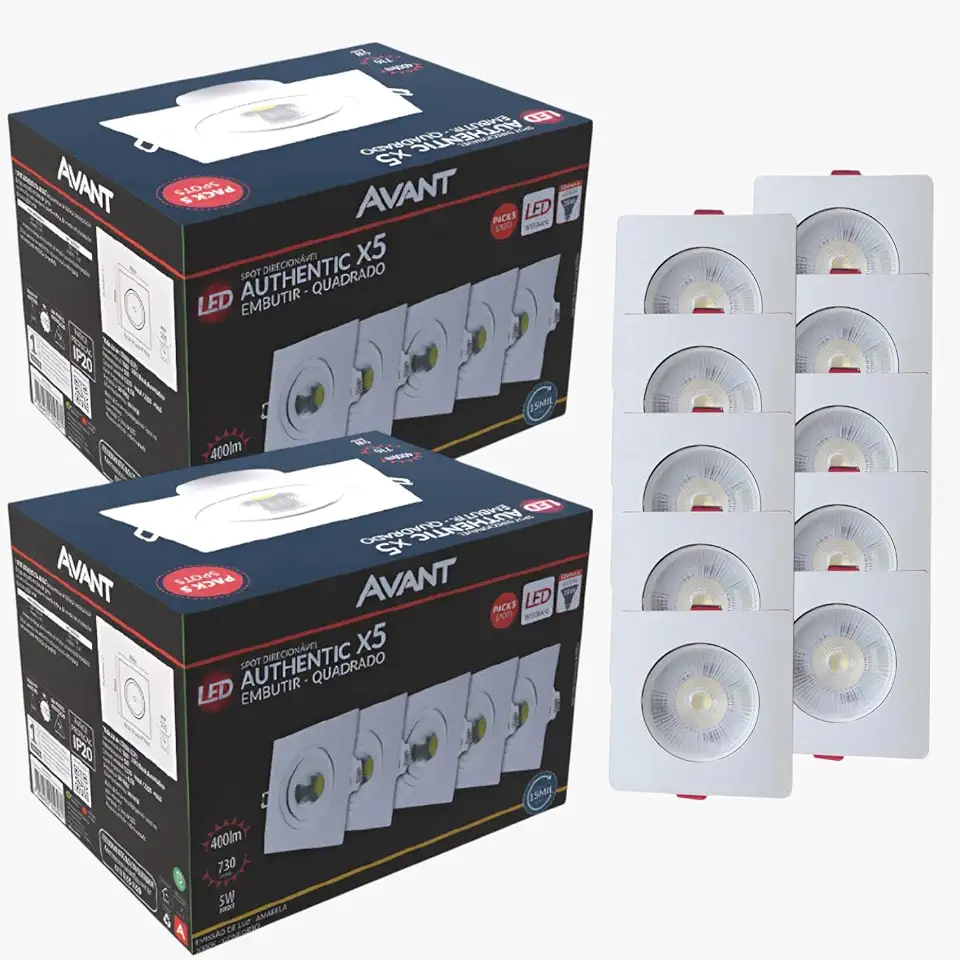 Kit 10 Spots LED Embutir Quadrado Avant 5W 3000K - Iluminação Aconchegante para Sala e Quarto/Direcionável, Bivolt
