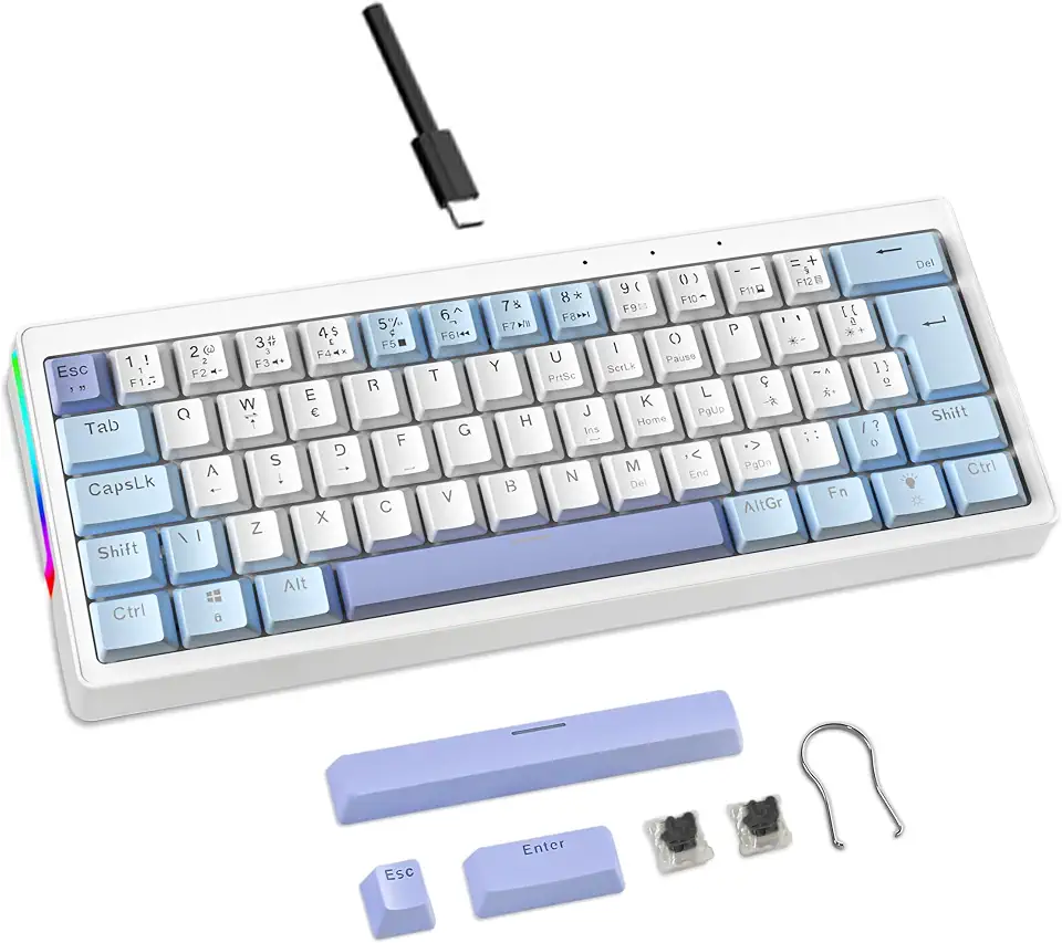 Mini Teclado Mecânico Formato 60% com Fio, Teclas Removíveis, Retroiluminação RGB, 61 Teclas para Jogospara Windows, laptop, PC, Mac - (Branco e Azul-switch Mudo)