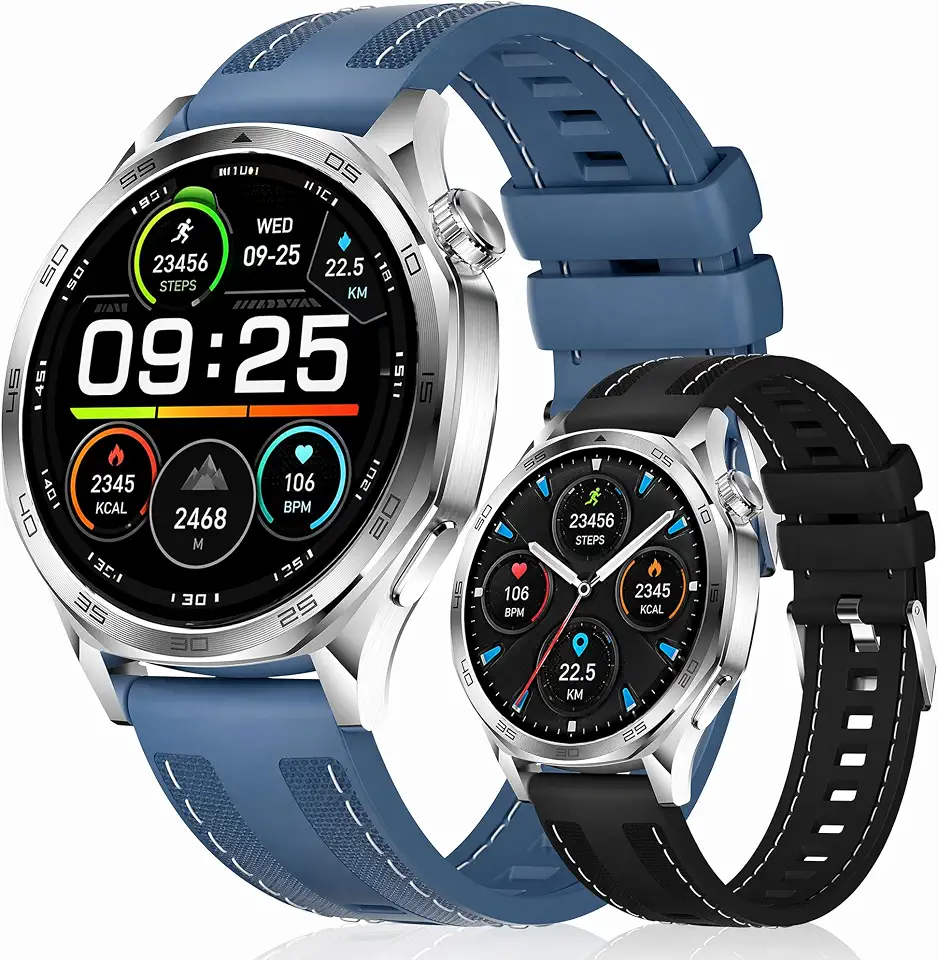 Smartwatch Relógio Inteligente com IA ChatGPT, 1.43’’ AMOLED, iOS Android, 3ATM À Prova d’Água, Monitor de Frequência Cardíaca e Sono, 100 Esportes, Inclui 2 Pulseiras (Grafite + azul)