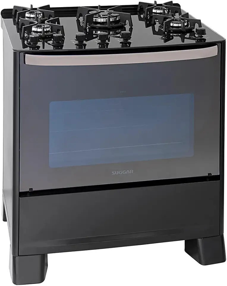 SUGGAR FOGÃO MASTER GRILL PRETO MESA DE VIDRO 5 BOCAS TRIPLA CHAMA GRILL 220V TREMPE FERRO FUNDIDO ACENDIMENTO SUPERAUTOMÁTICO FGVMTG512PT