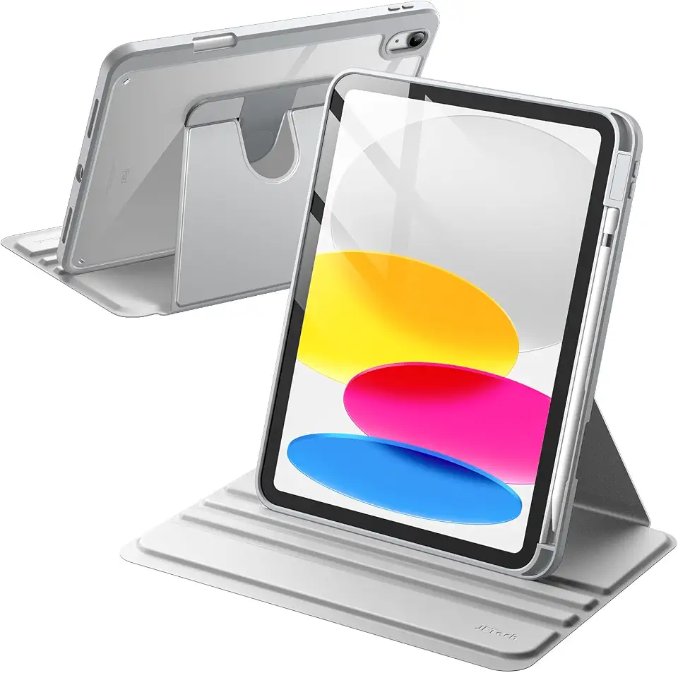 JETech Capa Giratória para iPad (A16) 11ª/10ª Geração (2025/2022) com Porta Pencil, Rotação de 360 Graus, Tampa Protetora com Suporte, Parte Traseira Claro (Prata)