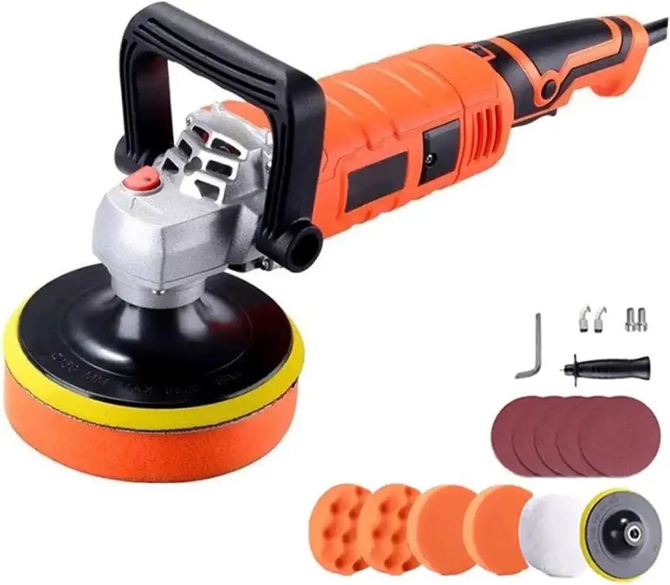 FINYQBET Politriz Profissional 1580W - 7 Velocidades Ajustáveis (500-3600 RPM) para Polir, Encerar e Remover Arranhões em Carros, Motos, Mármore e Madeira - Kit Completo com Acessórios (Laranja, 220V)