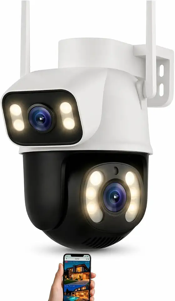 Câmera De Segurança WiFi Externa 360° Segurança 6MP Lente Dupla, Visão Noturna Colorida, IP66 à Prova D’Água, Detecção de Movimento com Rastreamento Automático, Monitoramento pelo Celular