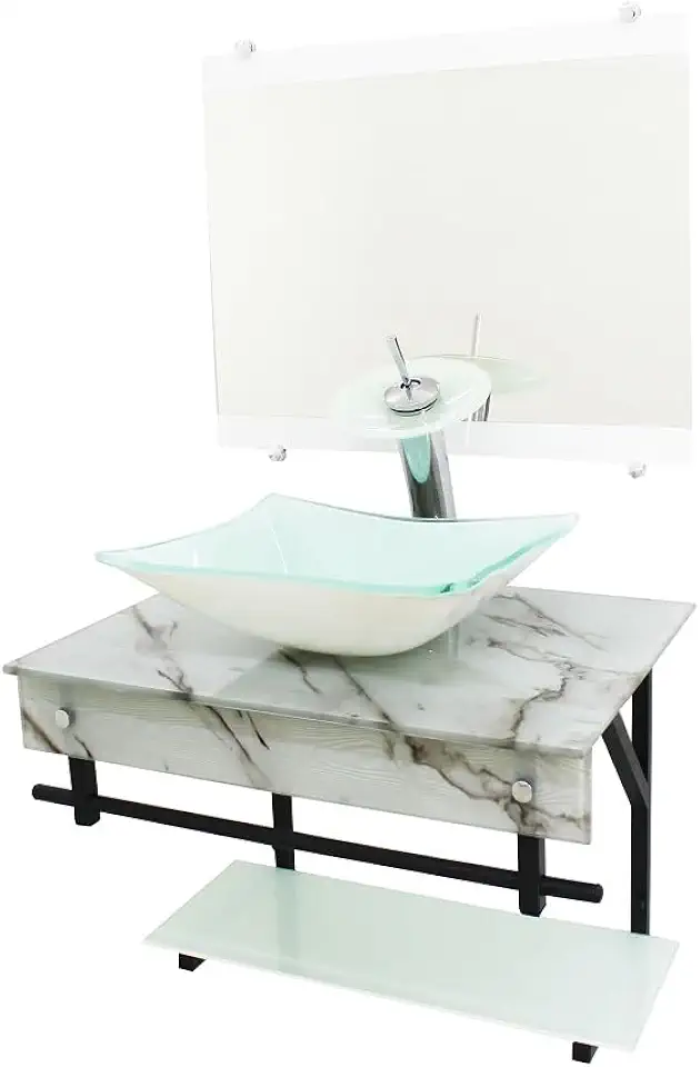 Gabinete de Vidro para Banheiro 50x40cm com Cuba Quadrada, Espelho e Válvula Click (Mármora Branco)