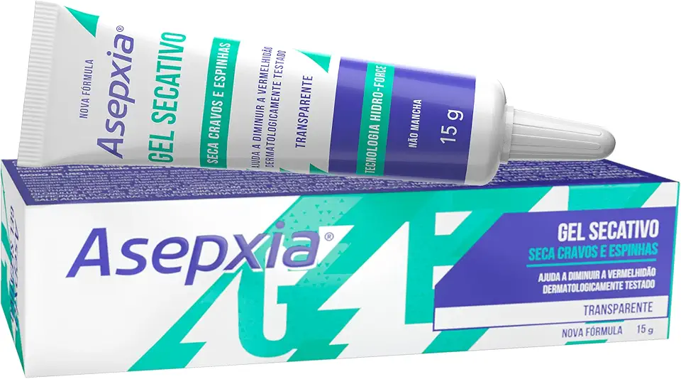 Asepxia Gel Secativo Antiacne 15 g – Seca Cravos e Espinhas Rapidamente – Fórmula Hidro-Force Transparente para Pele Oleosa e Mista – Dermatologicamente Testado