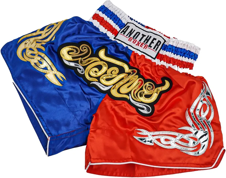 Shorts de boxe de Muay Thai da Anotherboxer para luta de kickboxing MMA, calções de treino com cintura elástica respirável para homens e mulheres (M azul + vermelho)