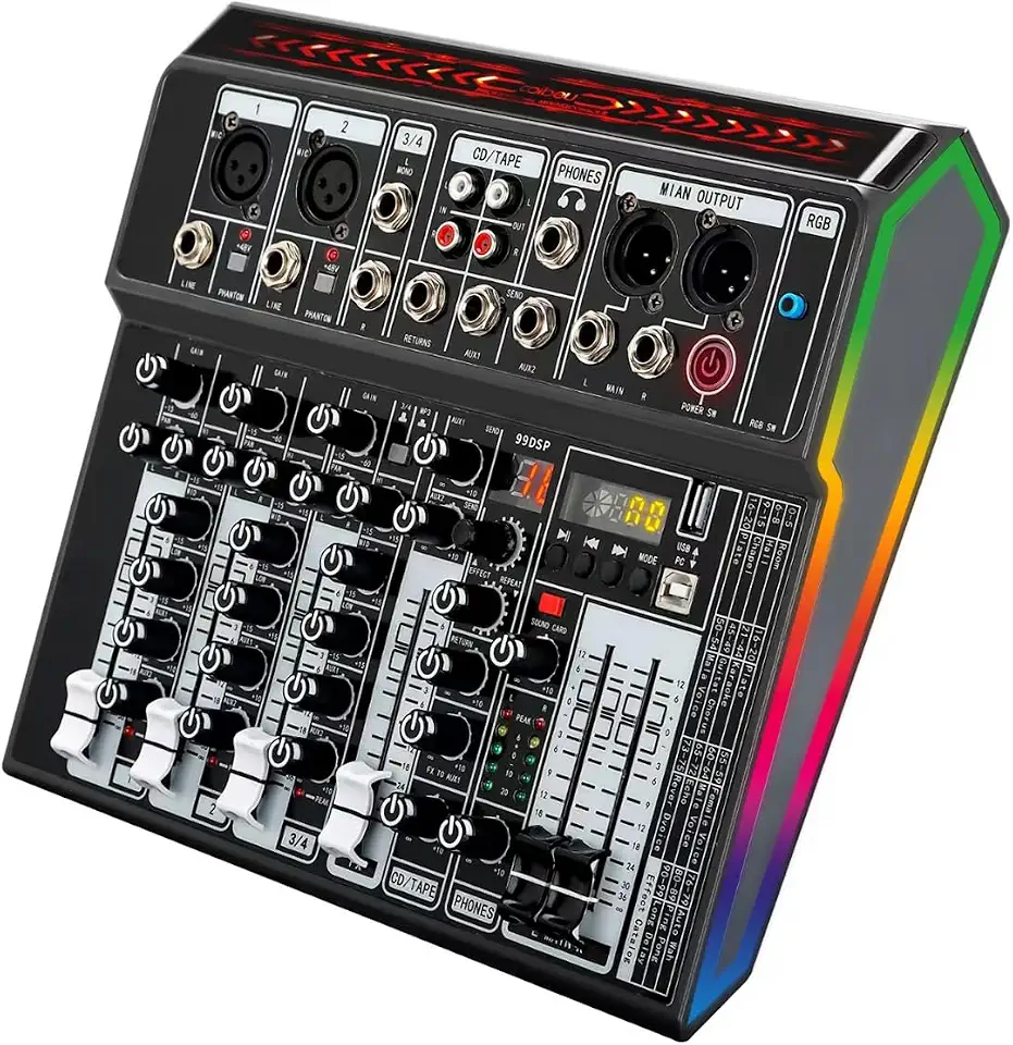 Mesa de Som Profissional 4 Canais com Bluetooth, USB e Phantom Power +48V, Mixer de Áudio com Efeitos Digitais, Saída REC e Iluminação RGB para Palco, Estúdio e Streaming