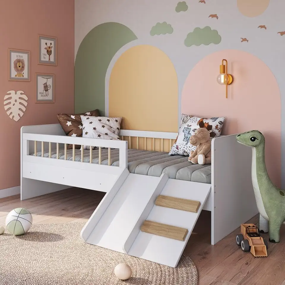 Cama Montessoriana de Solteiro com Escada e Escorrega Linha Affetto Branca