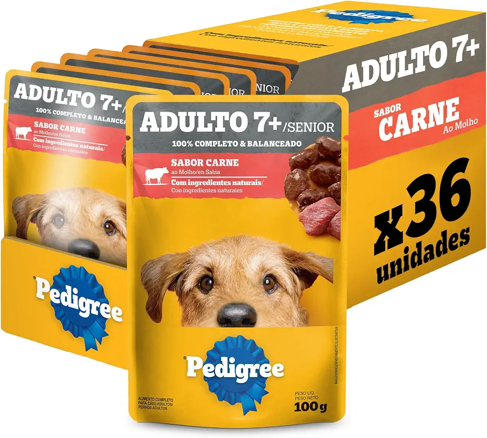 Packs de Ração Úmida Pedigree para Cães Adultos Sênior 7+ Anos, Sachê Carne ao Molho, 36 Sachês de 100 g