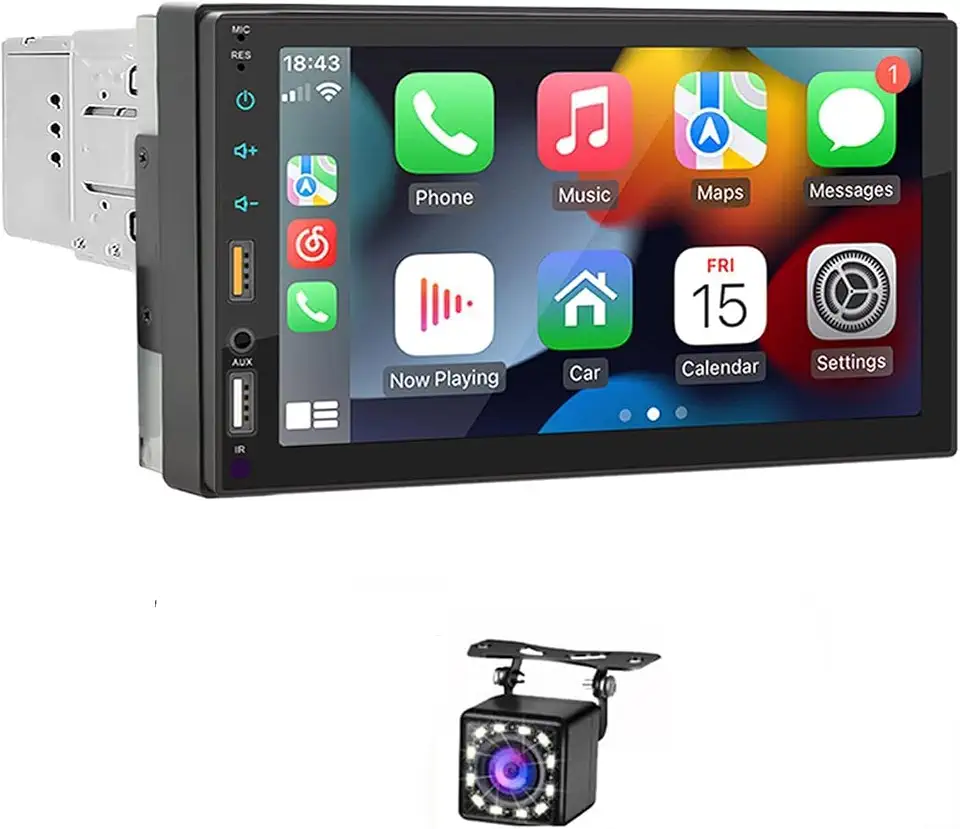 FINYQBET Monitor Estéreo Automotivo 7 Polegadas com CarPlay Sem Fio, Câmera de Ré, BT 5.1 e Tela Touch HD - Compatível com Android e iPhone - Para Carros, Caminhões e Veículos Recreativos
