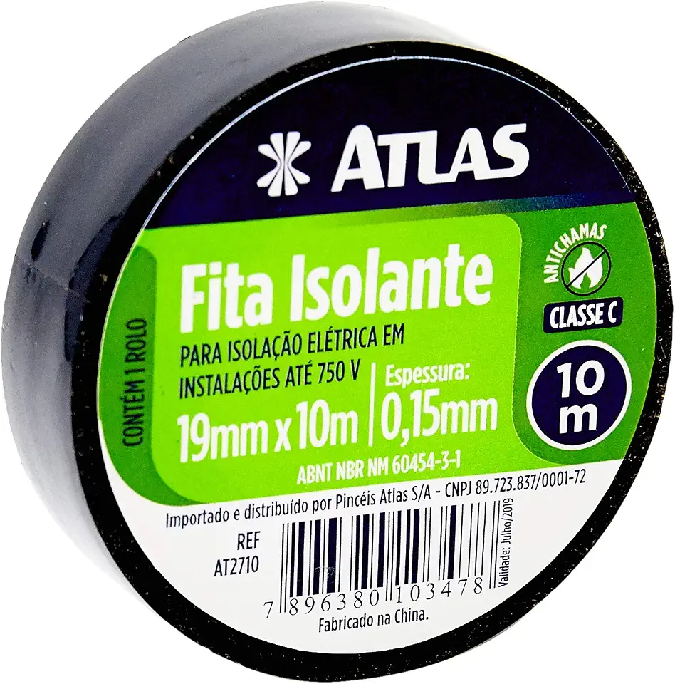 Atlas - Fita Isolante Tipo C de 19mm x 10 Metros para Instalações Elétricas em até 750V