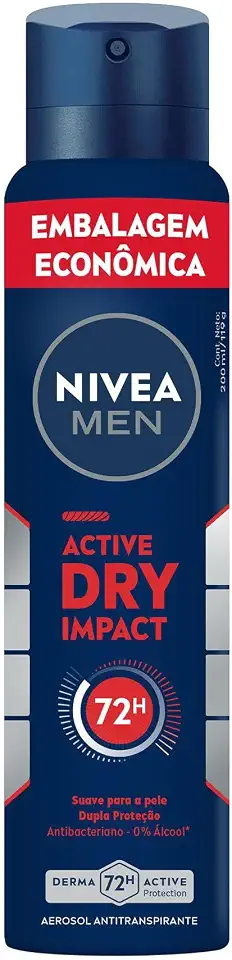 NIVEA MEN Desodorante Antitranspirante Aerossol Active Dry Impact 200ml, Proteção 72h, Contra Suor e Mau Odor, Dupla Proteção, Antibacteriano