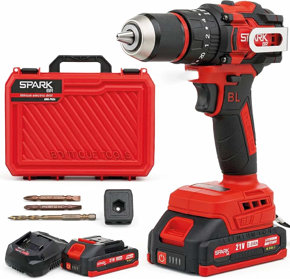 Parafusadeira Furadeira Profissional 21V Brushless AMG-PR04 Maleta Acessórios 2 Baterias Torque 55Nm Mandril 13mm Sem Fio Bivolt