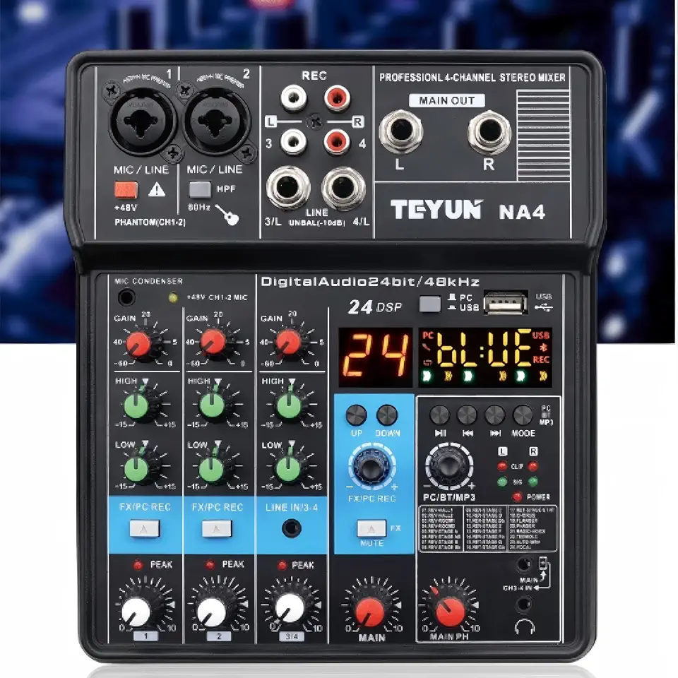 M-VAVE Mesa de Som Profissional NA4: 4 Canais com Phantom Power 48V, Bluetooth 5.0, USB Loopback para Transmissão Ao Vivo - Ideal para DJs, Podcasts e Shows de Samba/Pagode
